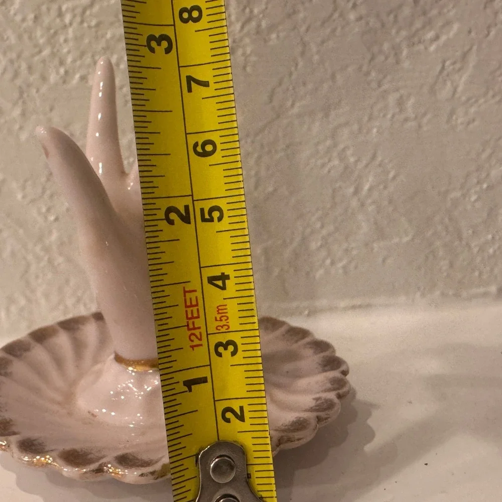 Vintage Pink Ceramic Hand Ring Holder Gold Gilt Scalloped Jewelry Dish Japan